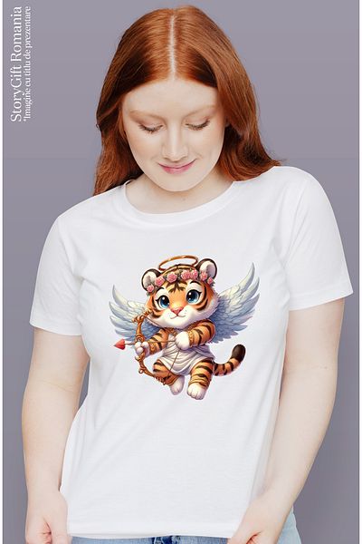 StoryGift Romania Women's T-shirt with a tiger cub Cupid, illustration, archery, crown in WHT_L,STG51632