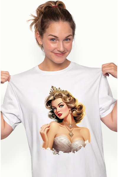 StoryGift Romania Tricou Femei cu o femeie frumoasa, ilustratie, regina, coronita, rochie alba, bi WHT_XL