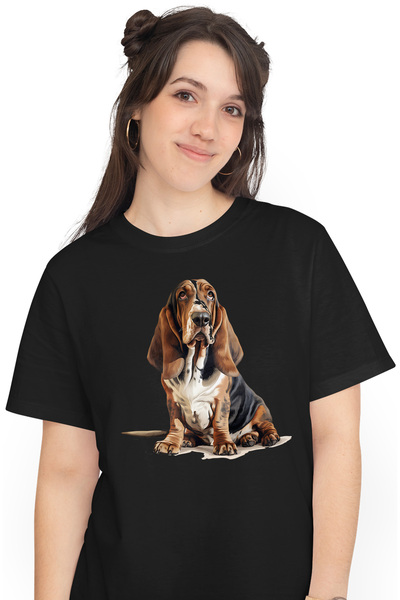 StoryGift Romania Tricou Femei cu un catelus serios, ilustratie, urechile lasate, pentru iubitorii BLK_L