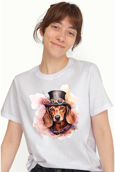 StoryGift Romania Tricou Femei cu un catel care are joben, ilustratie, floare...