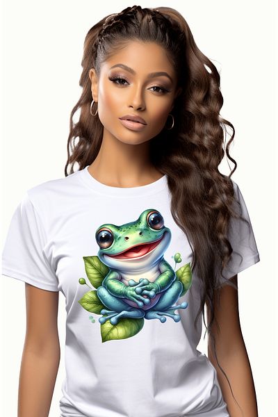 StoryGift Romania Women's T-shirt with a happy frog, illustration, leaves, water, lake, puddle, happiness, WHT_S