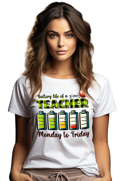 StoryGift Romania Tricou Femei cu mesajul "Battery life of a teacher Monday to Friday", ilustratie WHT_S