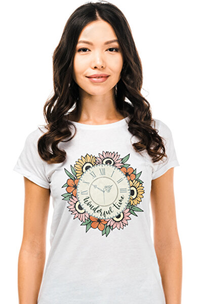 StoryGift Romania Tricou Femei cu un ceas inconjurat de flori cu mesajul "Wonderful time", ilustra WHT_L