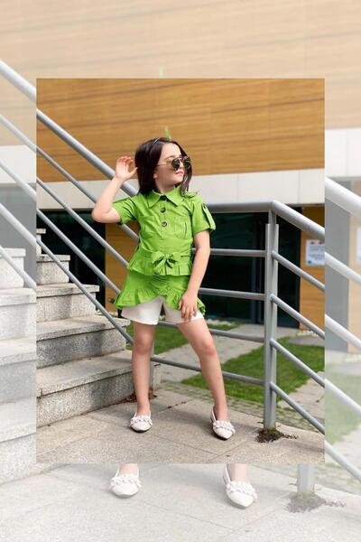 Riccotarz Girl's Waist-Tied Green Tunic with Button Detail and Ruffled Skirt