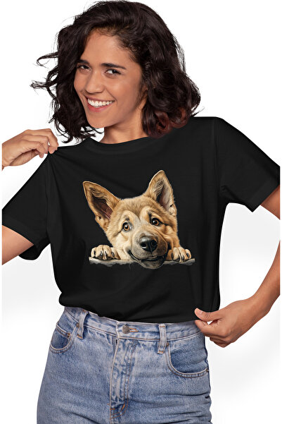 StoryGift Romania Tricou Femei cu un catel fericit, ilustratie, maro deschis,...