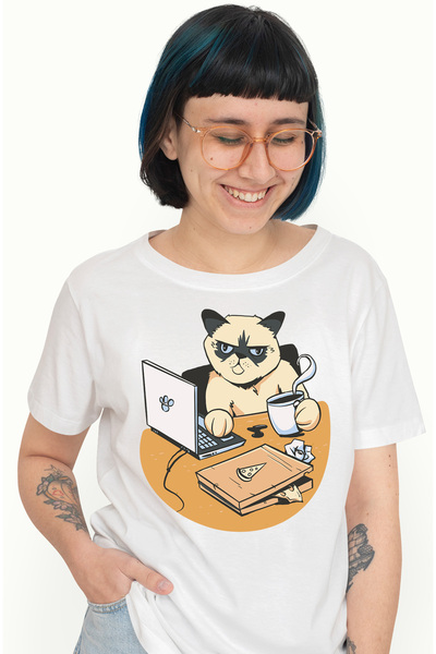 StoryGift Romania Tricou Femei Cu Pisica Work From Home, Motan Cu Ceasca De C...