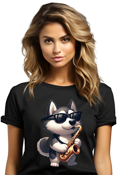 StoryGift Romania Tricou Femei cu un caine Husky care canta la saxofon, ilustratie, ochelari de so BLK_L