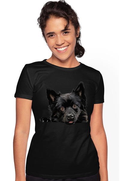 StoryGift Romania Tricou Femei cu un catel negru care se uita curios, ilustra...