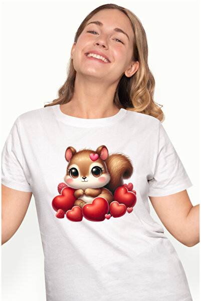 StoryGift Romania Tricou Femei cu o veverita vesela, ilustratie, multe inimio...