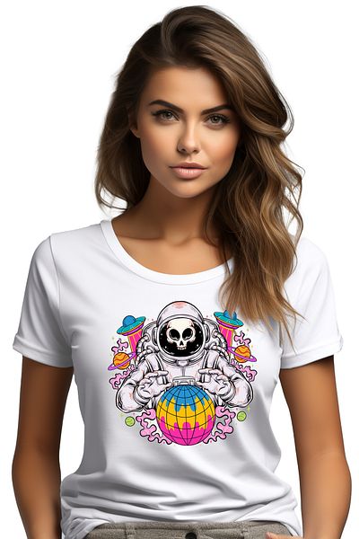 StoryGift Romania Tricou Femei Cu Astronaut, Spatiu, Craniu, Nava, Multicolor cu imprimeu pe Fata WHT_S