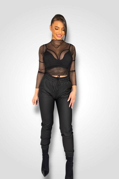 BOMBFIT Noir Leather Premium high-waisted trousers with drawstring waist