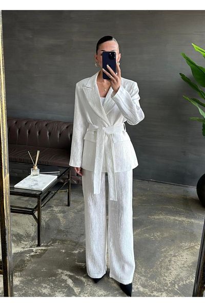modaserdem Ecru Belted Waist Jacket and Trousers Shiny Set