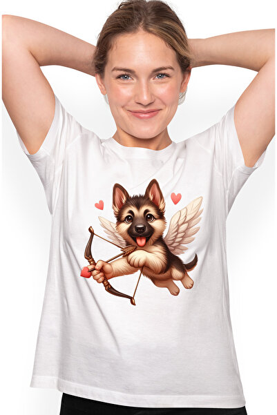 StoryGift Romania Tricou Femei cu un catelus lup Cupidon, trage cu arcul, ilustratie, indragostire WHT_XL