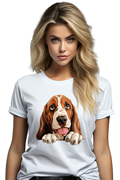 StoryGift Romania Tricou Femei cu un catel cu urechile plecate, ilustratie, limba scoasa, labute, WHT_M