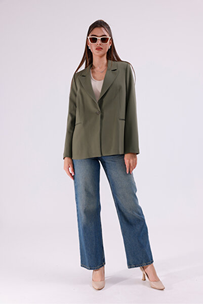 LA PANTE Kadın Ceket İçi Astarlı Yeşil Blazer Kadın Ceket Uzun Şık Blezir Tesettür Ceket Kumaş Düğmeli Spor