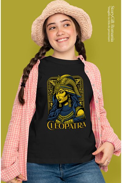 StoryGift Romania Women's T-shirt Cleopatra Queen of Gold, Egypt Wealth with Print on Face, 100% Cotton BLK_XS