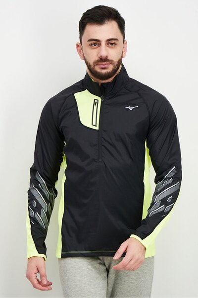 MIZUNO جاكيت رياضي رجالي بياقة عالية، أسود وأخضر نعناعي