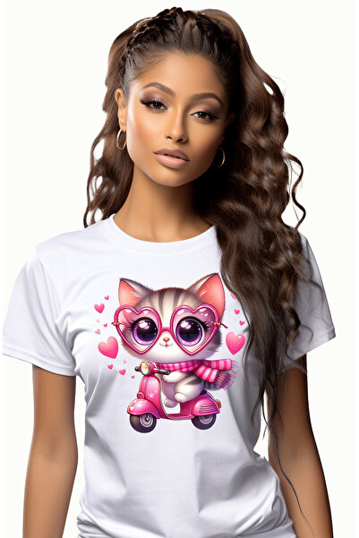 StoryGift Romania Tricou Femei cu o pisicuta vesela care conduce un scuter, plimbare, ilustratie, WHT_XL