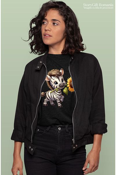 StoryGift Romania Women's T-shirt with a zebra holding a flower, sunflower, illustration, animal BLK_XL