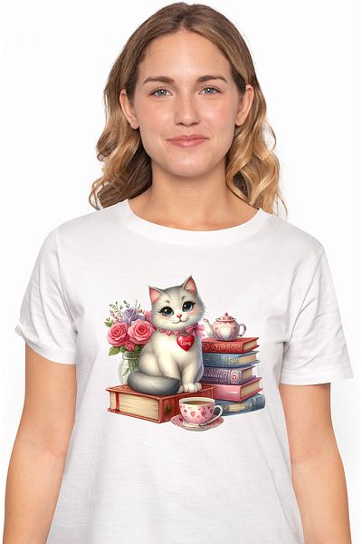 StoryGift Romania Tricou Femei cu o pisicuta vesela, alba, cenusie, teanc cu carti, cafea, flori, WHT_XS