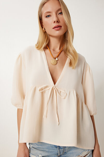 Lovelyİstanbul Λεπτομερής μπλούζα μουσελίνας με λαιμόκοψη με κορδόνια CREAM L...