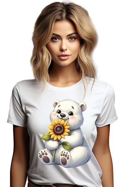StoryGift Romania Tricou Femei cu un urs polar care tine o floare, ilustratie...