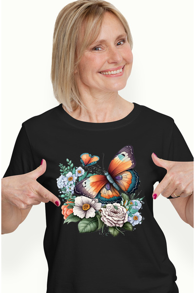 StoryGift Romania Tricou Femei cu 2 fluturasi in natura, ilustratie, floricele, plante, libertate, BLK_L
