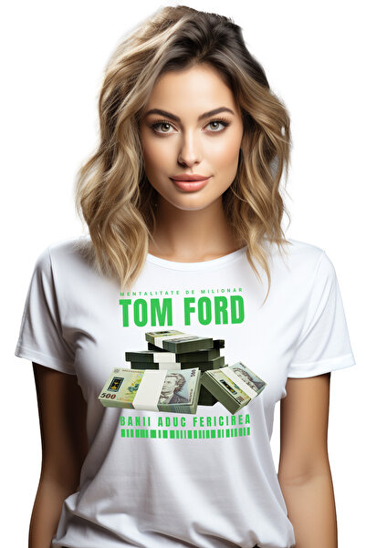 StoryGift Romania Tricou Femei Tom Ford - Banii Aduc Fericirea, cu imprimeu pe Fata, 100% Bumbac, WHT_L