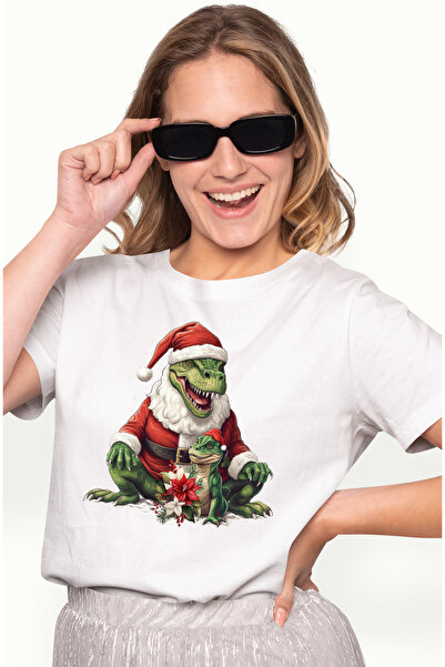 StoryGift Romania Tricou Femei cu un dinozaur verde costumat in Mos Craciun, ...