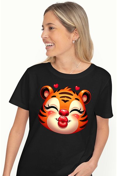 StoryGift Romania Women's T-shirt with a female tiger giving a kiss, illustration, hearts, happiness BLK_L