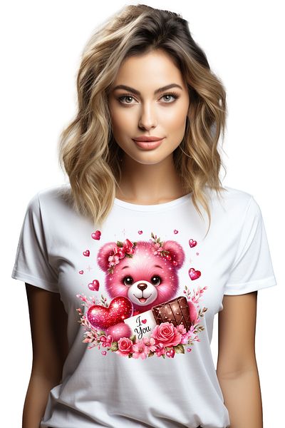 StoryGift Romania Tricou Femei cu o ursoaica de plus, roz, binedispusa, inimioare, mesajul "I love WHT_L