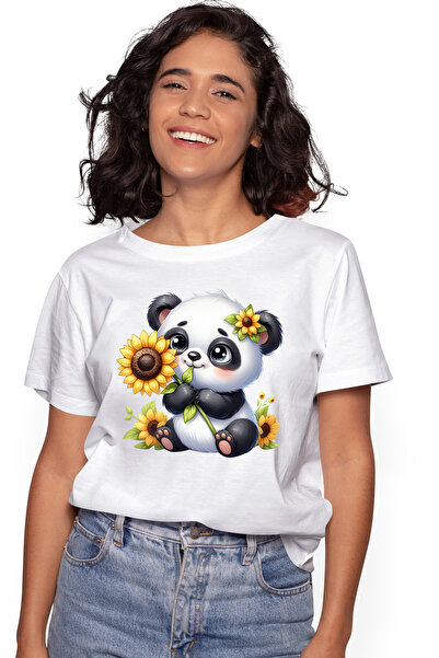 StoryGift Romania Tricou Femei cu un ursulet Panda imbujorat, ilustratie, flo...