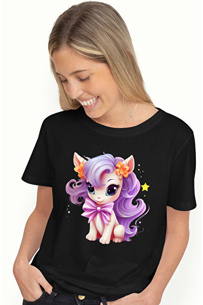 StoryGift Romania Tricou Femei cu un ponei, ilustratie, coama lunga, mov, stelute, funda, fericire BLK_XS