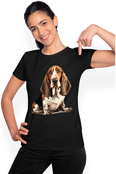 StoryGift Romania Tricou Femei cu un caine serios, ilustratie, urechile aplecate, pentru iubitorii BLK_XS