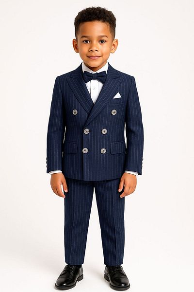 SIRRI Boy's Classic Navy Blue Pinstripe Double Breasted 4-Piece Suit