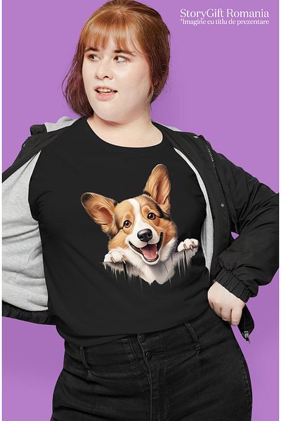 StoryGift Romania Tricou Femei Cu Un Caine Din Rasa Corgi Care Sta Atarnat Pe Gard, Ilustratie, Vr Blk_l