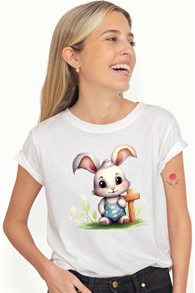 StoryGift Romania Tricou Femei cu un iepure alb vesel, ilustratie, fericire, ...