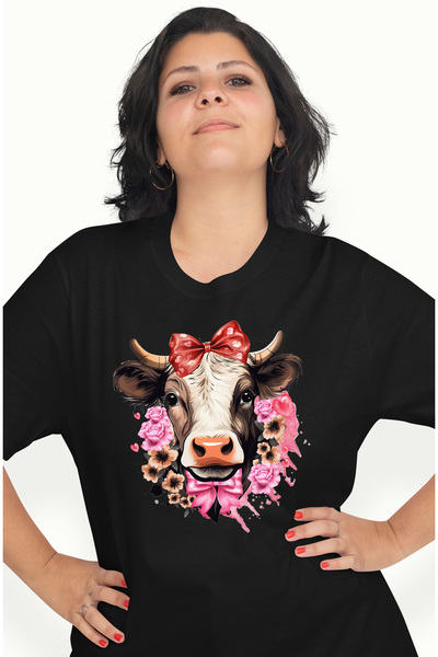 StoryGift Romania Tricou Femei cu o vacuta cu funda in cap, flori in jur, tra...