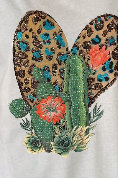 FEMELLE Women's White V-Neck Large Size Cactus Sequin Sequin Embroidered 100% Cotton Large Size T-Shirt