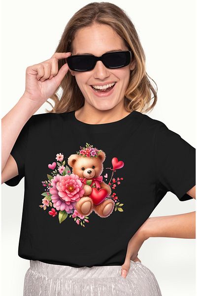 StoryGift Romania Tricou Femei cu un ursulet de plus, ilustratie, inimioare, floricele colorate, f BLK_L