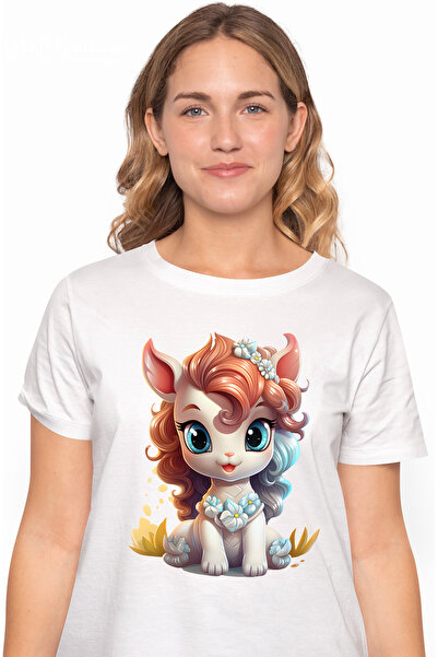 StoryGift Romania Tricou Femei cu un unicorn vesel, ilustratie, floricele alb...