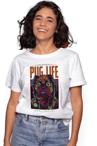 StoryGift Romania Tricou Femei Cu Portret Caine Pug Cu Gluga Smiley Face Hanorac, Animal Blanos, T WHT_S