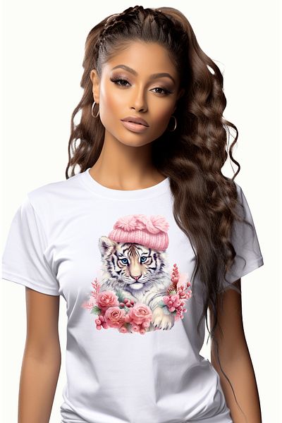 StoryGift Romania Women's T-shirt with a tiger cub in a hat, illustration, popcorn, nature, cold, WHT_XL