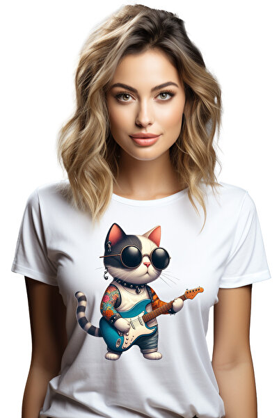 StoryGift Romania Tricou Femei cu o pisica tatuata care canta la chitara, ilu...