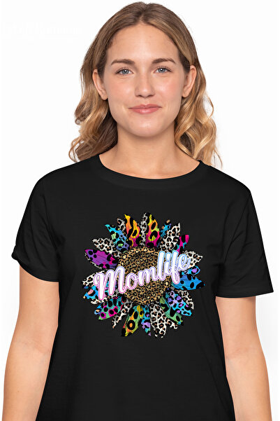 StoryGift Romania Tricou Femei cu mesajul "Momlife", ilustratie, viata de mama, floare, petale div BLK_S