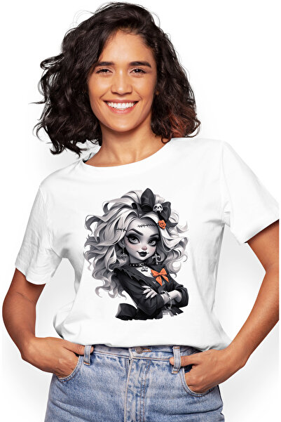 StoryGift Romania Tricou Femei cu o fata goth, ilustratie, draguta, alb & neg...