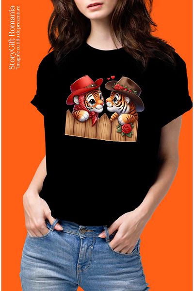 StoryGift Romania Women's T-shirt with 2 tigers, illustration, Wild West, cowboy hat, fence, t BLK_XS