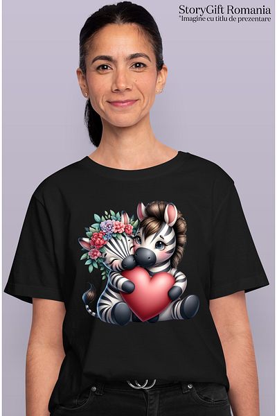 StoryGift Romania Women's T-shirt with 2 zebras hugging, illustration, holding a heart, blush BLK_S