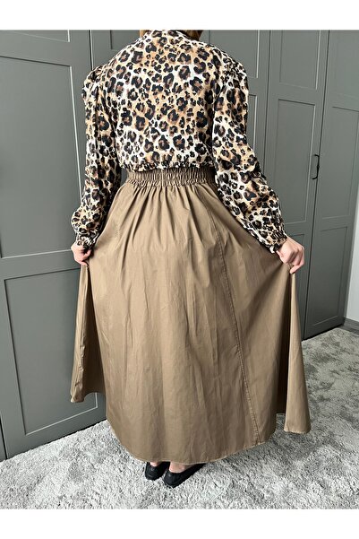 MY QILAM NUMĂRUL 10 MODĂ FEMEIE BEJ-GRI FUSTA POPLIN evazată cu buzunare cu talie elastică 10NMR180