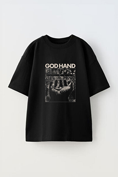 Anetos God Hand Front cu imprimeu Bumbac Negru supradimensionat tricou